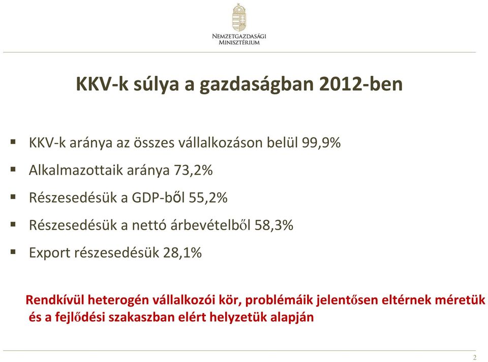 árbevételből 58,3% Export részesedésük 28,1% Rendkívül heterogén vállalkozói kör,