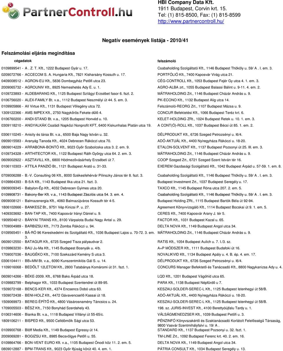 , 1146 Budapest Thököly u. 59/ A. I. em. 3. 0209072766 - ACCECOM S. A. Hungaria Kft., 7821 Kisharsány Kossuth u. 17. PORTFÓLIÓ Kft., 7400 Kaposvár Virág utca 21. 0409008512 - AGRON-EU Kft.