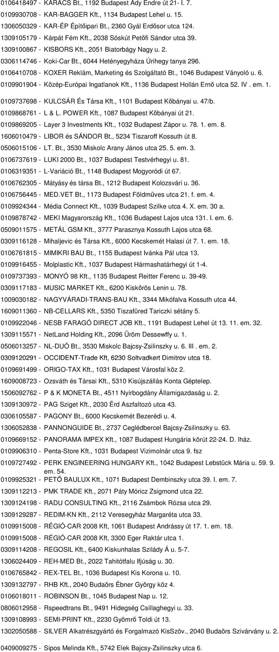 0106410708 - KOXER Reklám, Marketing és Szolgáltató Bt., 1046 Budapest Ványoló u. 6. 0109901904 - Közép-Európai Ingatlanok Kft., 1136 Budapest Hollán Ernő utca 52. IV. em. 1. 0109737698 - KULCSÁR És Társa Kft.