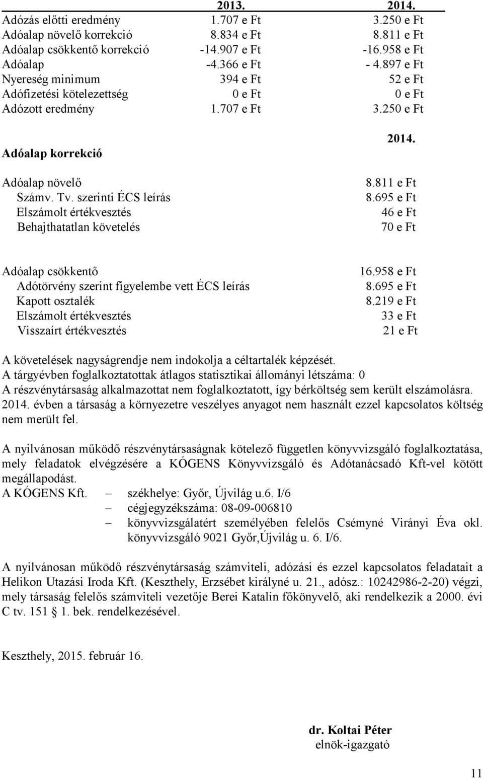 szerinti ÉCS leírás Elszámolt értékvesztés Behajthatatlan követelés 2014. 8.811 e Ft 8.