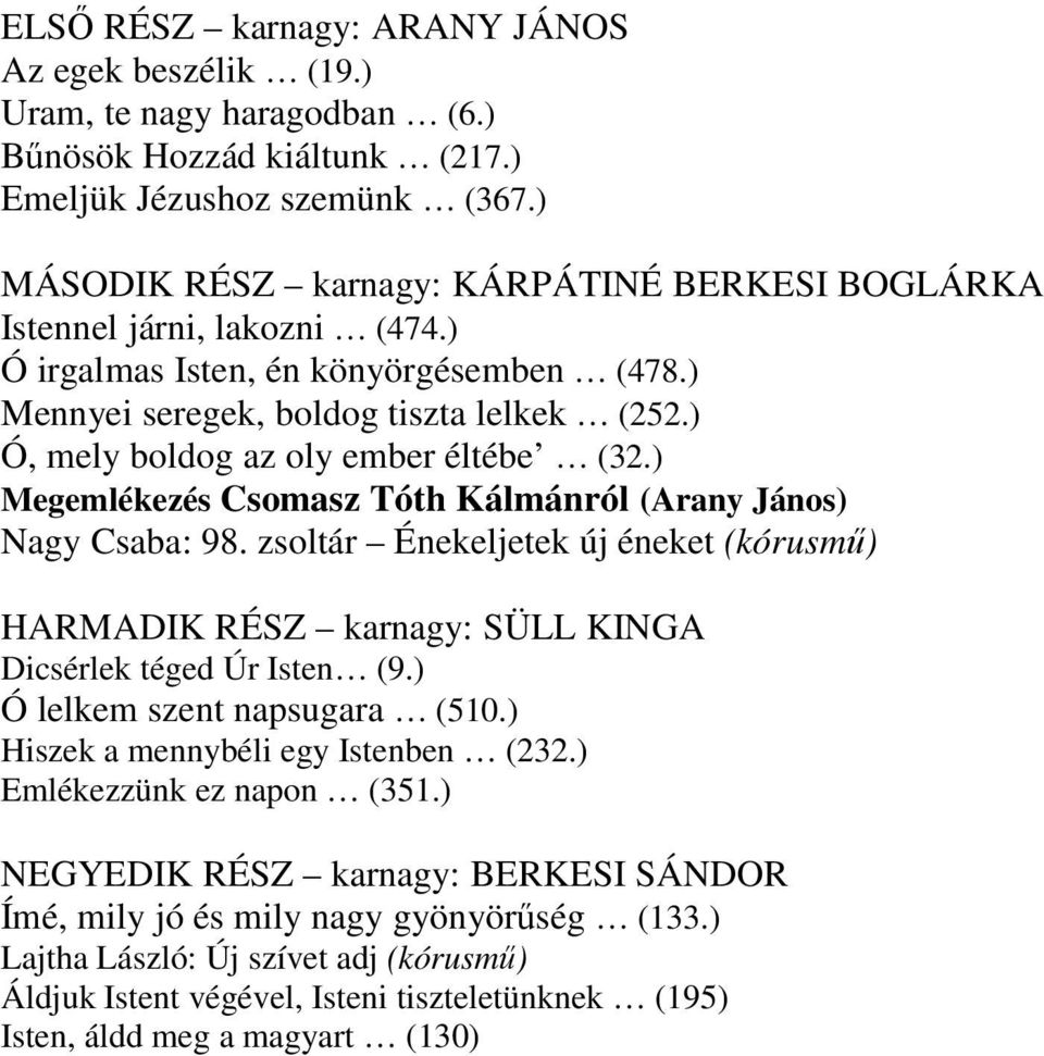 ) Ó, mely boldog az oly ember éltébe (32.) Megemlékezés Csomasz Tóth Kálmánról (Arany János) Nagy Csaba: 98.