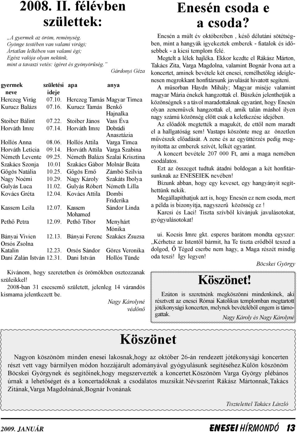 Stoiber János Vass Éva Horváth Imre 07.14. Horváth Imre Dobrádi Anasztázia Hollós Anna 08.06. Hollós Attila Varga Tímea Horváth Letícia 09.14. Horváth Attila Varga Szabina Németh Levente 09.25.