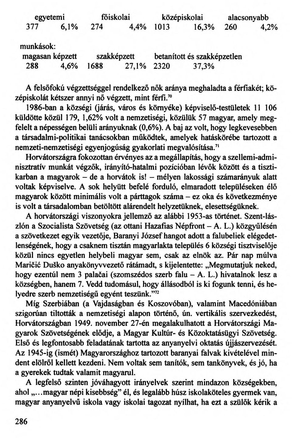 70 1986-ban a községi (járás, város és környéke) képviselő-testületek 11 106 küldötte közül 179, 1,62% volt a nemzetiségi, közülük 57 magyar, amely megfelelt a népességen belüli arányuknak (0,6%).