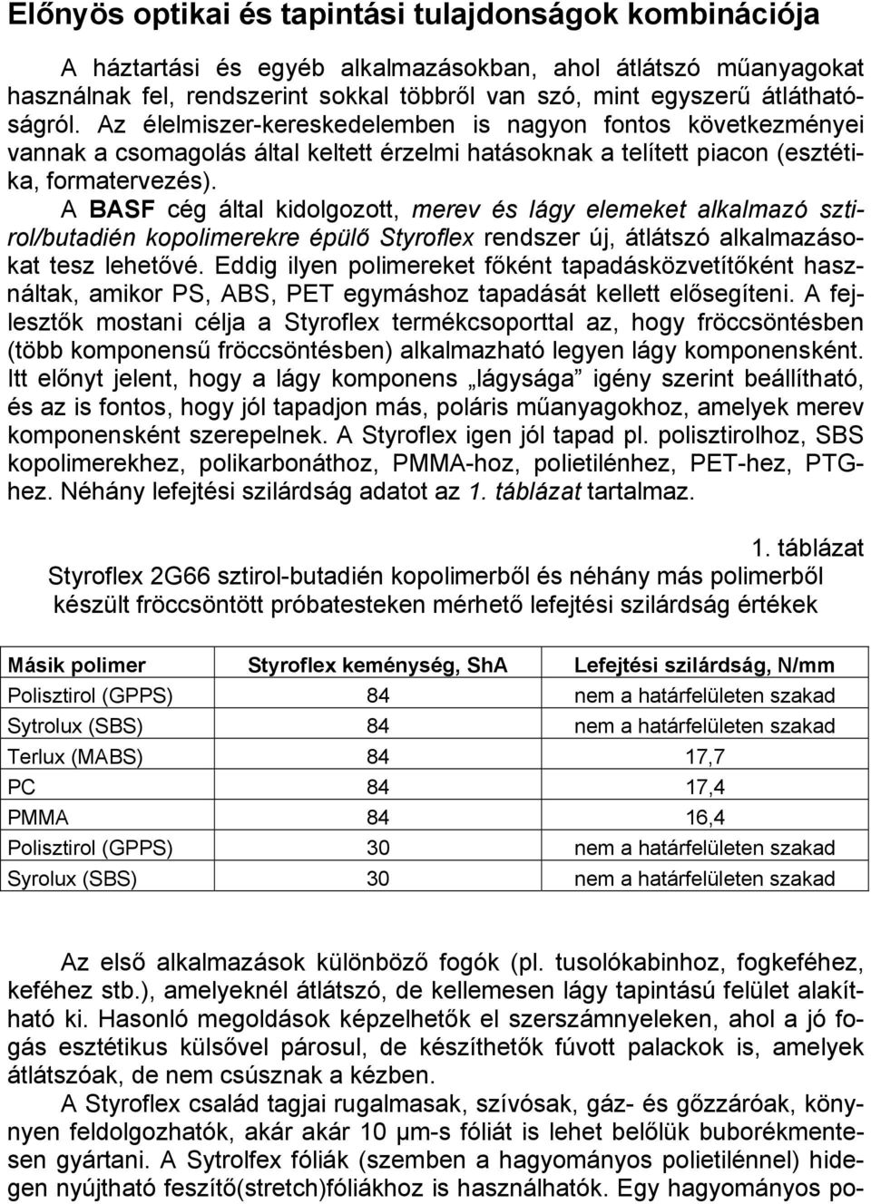 A BASF cég által kidolgozott, merev és lágy elemeket alkalmazó sztirol/butadién kopolimerekre épülő Styroflex rendszer új, átlátszó alkalmazásokat tesz lehetővé.