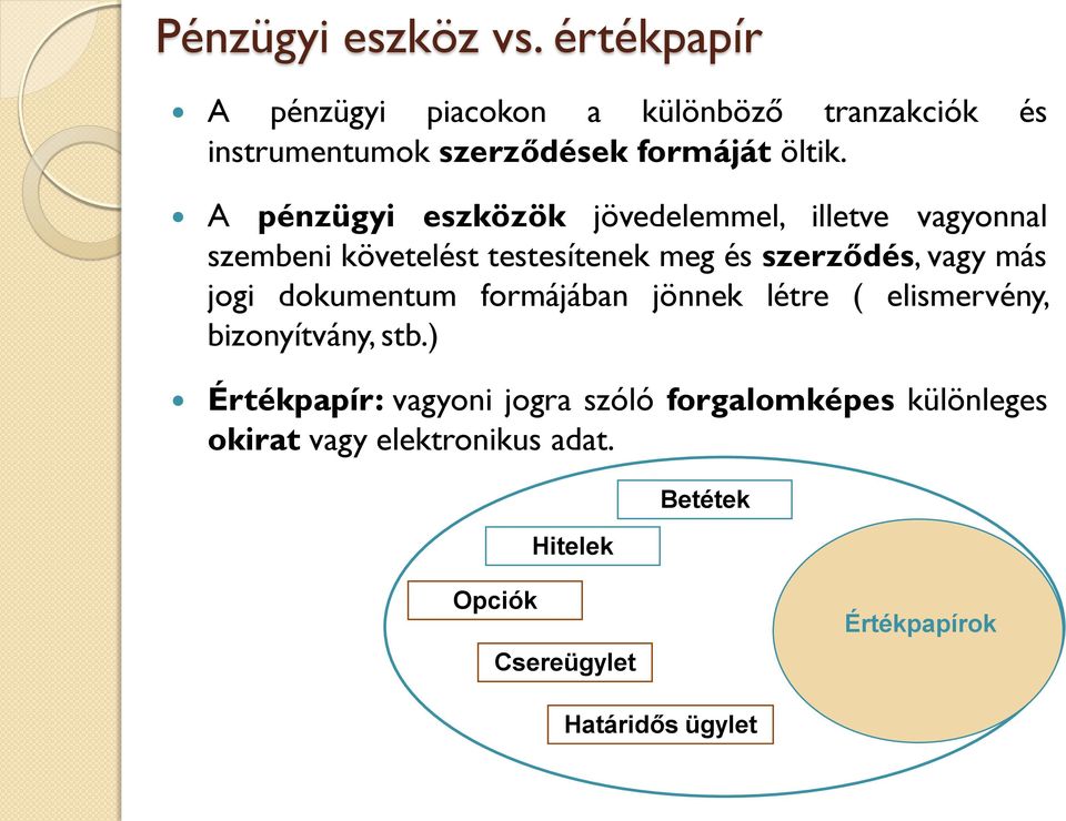 A pénzügyi eszközök jövedelemmel, illetve vagyonnal szembeni követelést testesítenek meg és szerződés, vagy más