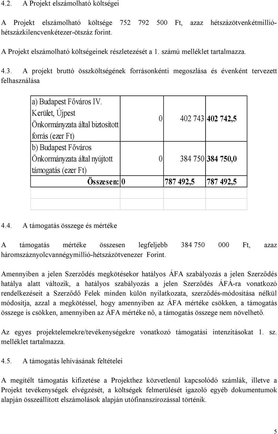 A projekt bruttó összköltségének forrásonkénti megoszlása és évenként tervezett felhasználása a) Budapest Főváros IV.