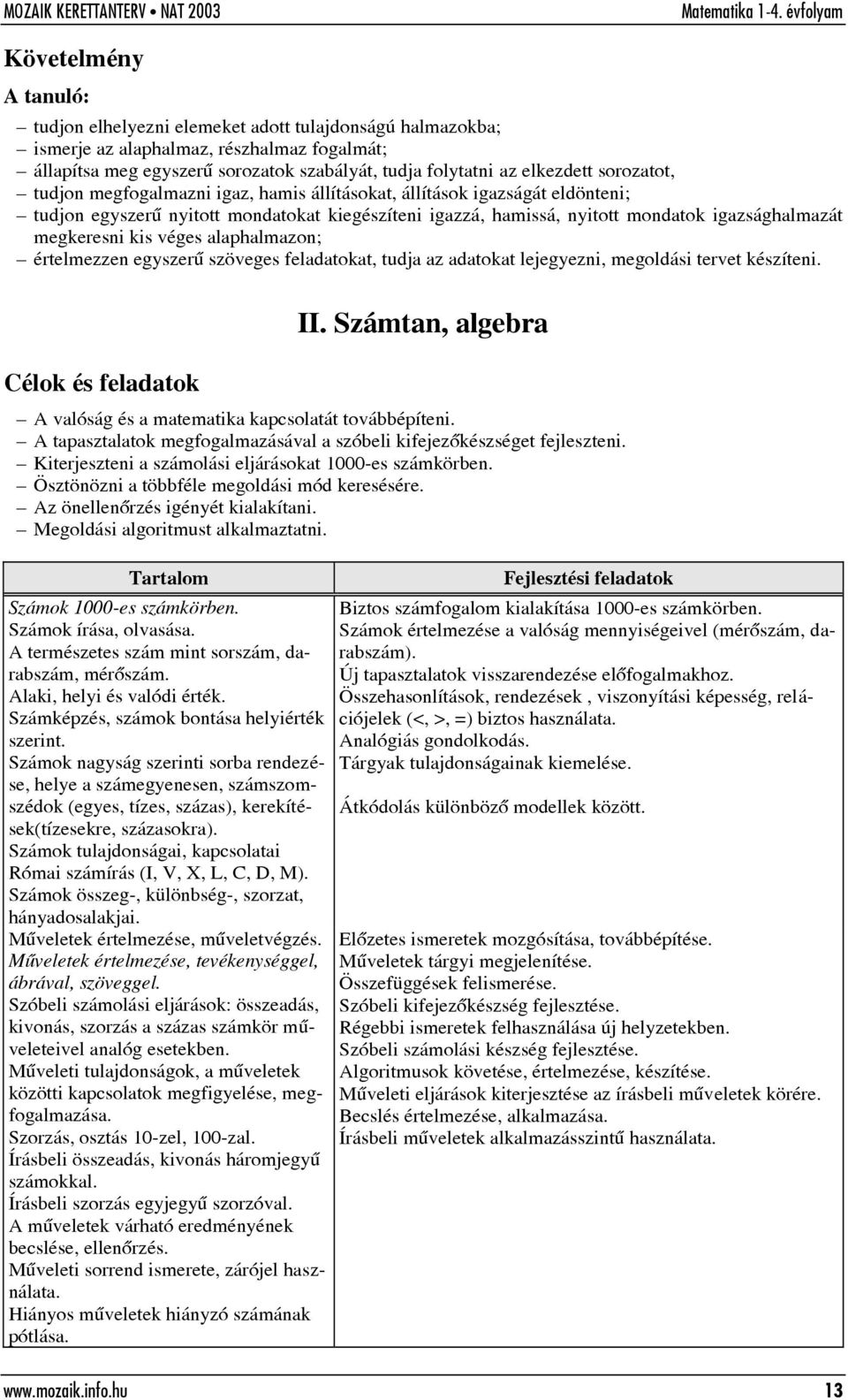 alaphalmazon; értelmezzen egyszerû szöveges feladatokat, tudja az adatokat lejegyezni, megoldási tervet készíteni. II. Számtan, algebra A valóság és a matematika kapcsolatát továbbépíteni.