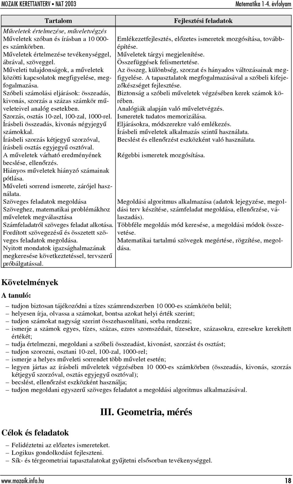 Szorzás, osztás 10-zel, 100-zal, 1000-rel. Írásbeli összeadás, kivonás négyjegyû számokkal. Írásbeli szorzás kétjegyû szorzóval, írásbeli osztás egyjegyû osztóval.