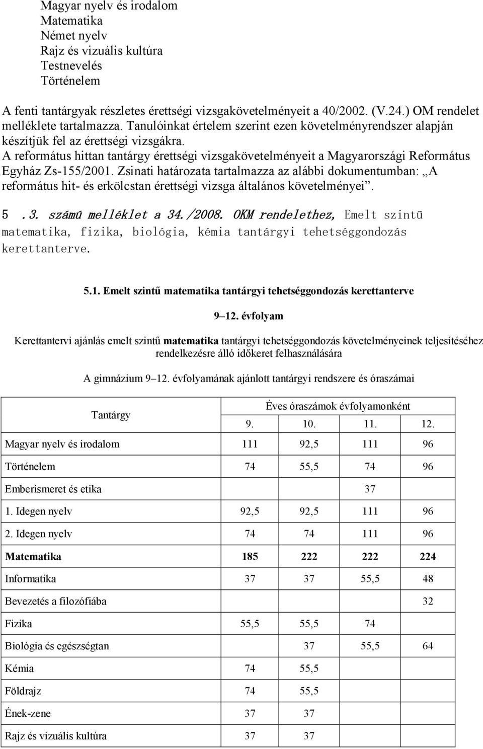 A református hittan tantárgy érettségi vizsgakövetelményeit a Magyarországi Református Egyház Zs-155/2001.