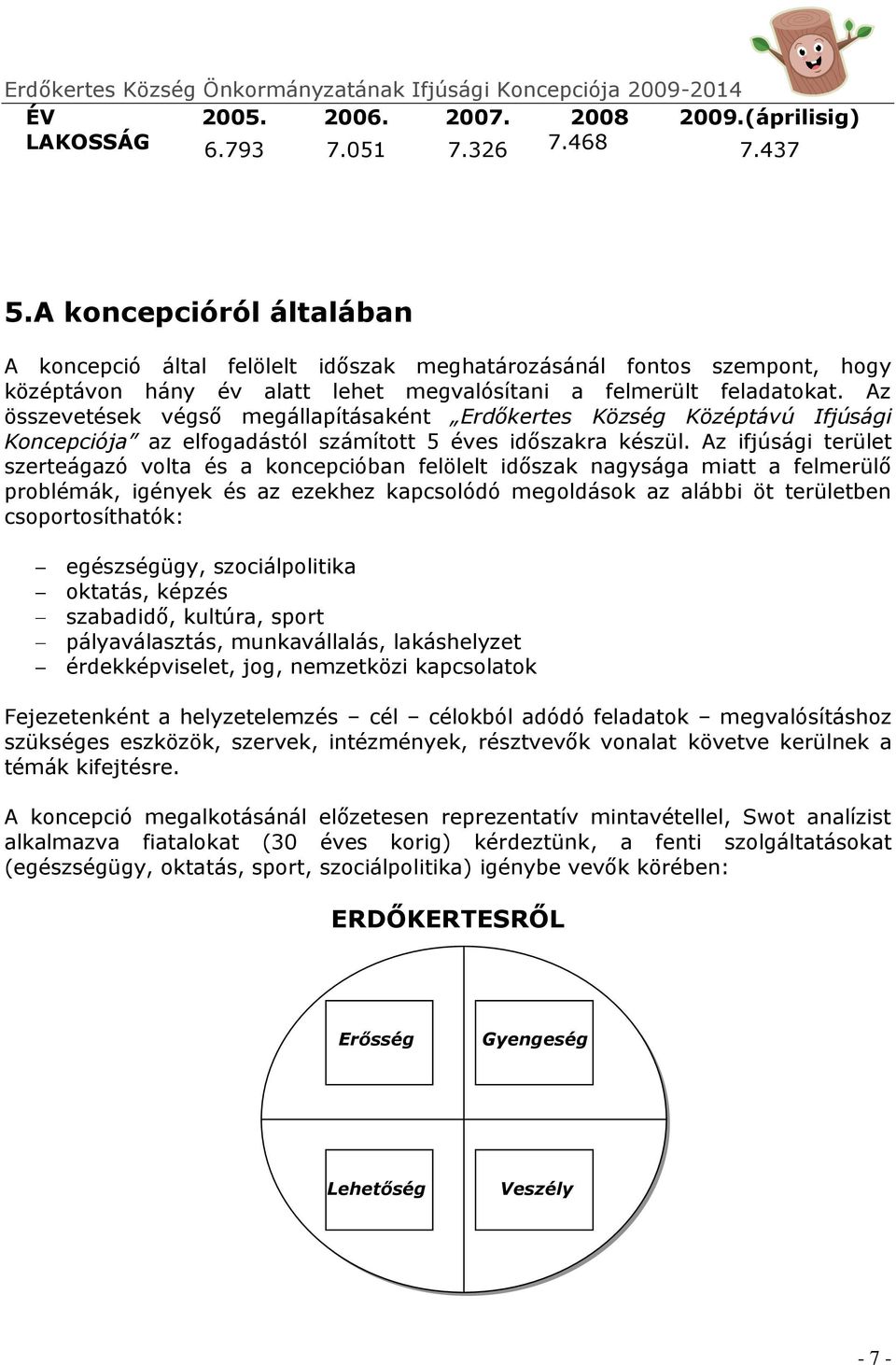 Az összevetések végső megállapításaként Erdőkertes Község Középtávú Ifjúsági Koncepciója az elfogadástól számított 5 éves időszakra készül.