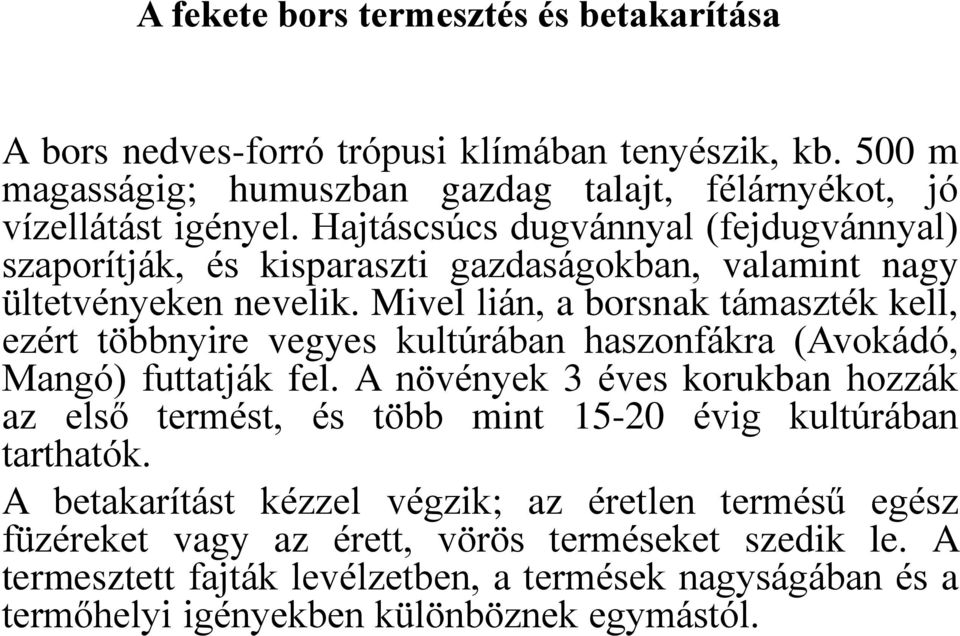 Mivel lián, a borsnak támaszték kell, ezért többnyire vegyes kultúrában haszonfákra (Avokádó, Mangó) futtatják fel.