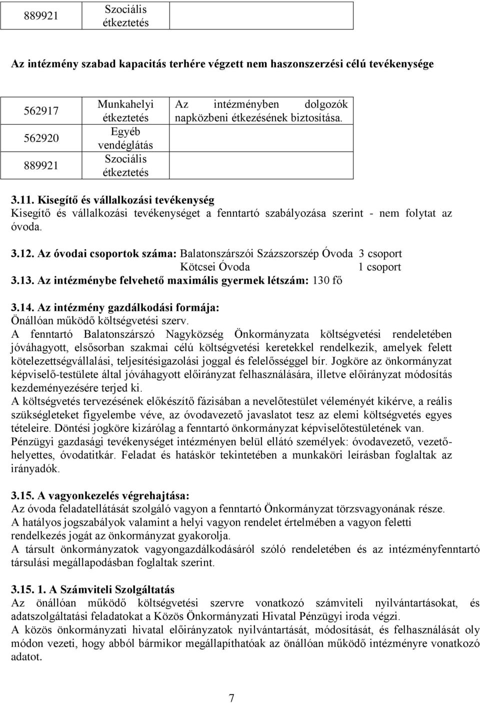 Az óvodai csoportok száma: Balatonszárszói Százszorszép Óvoda 3 csoport Kötcsei Óvoda 1 csoport 3.13. Az intézménybe felvehető maximális gyermek létszám: 130 fő 3.14.