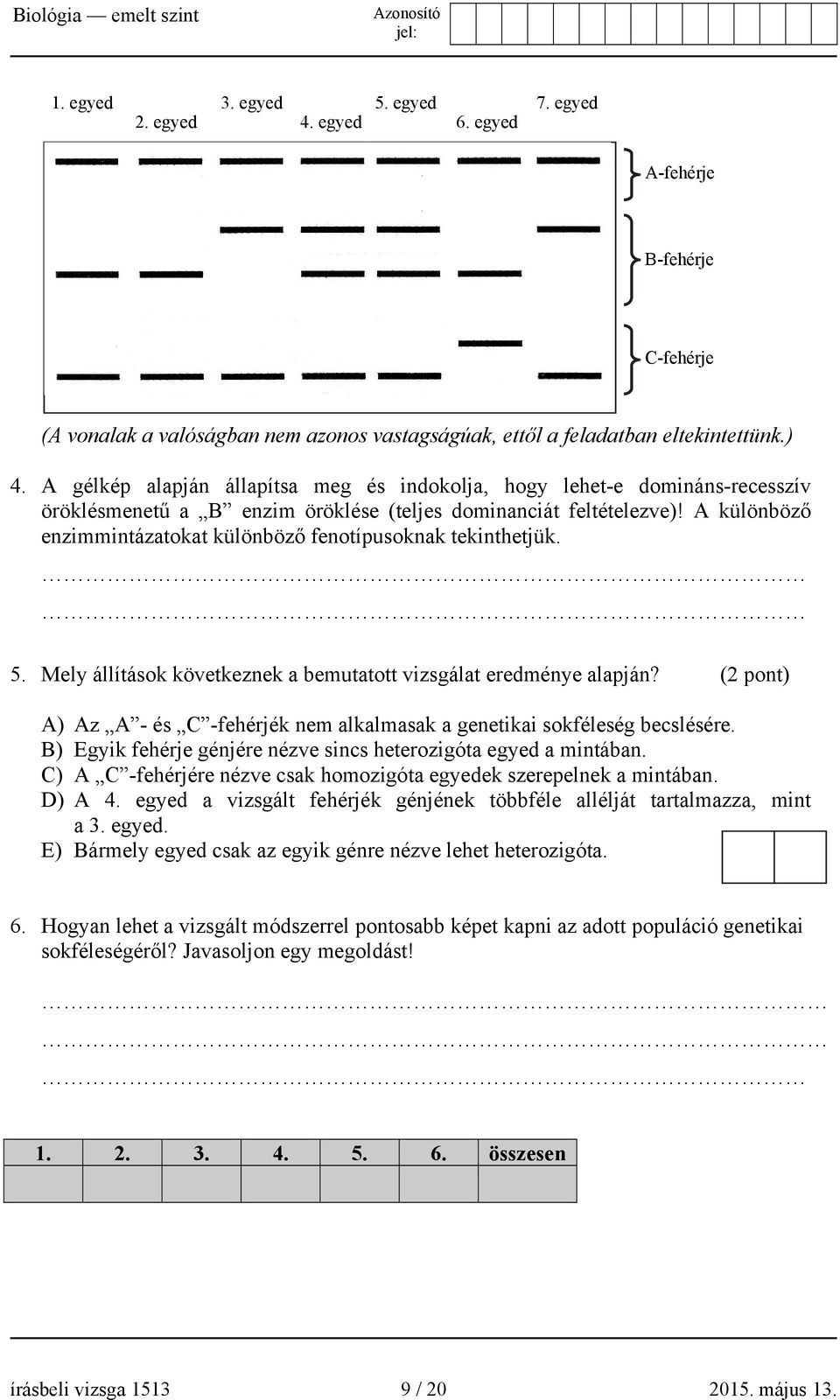 A különböző enzimmintázatokat különböző fenotípusoknak tekinthetjük. 5. Mely állítások következnek a bemutatott vizsgálat eredménye alapján?