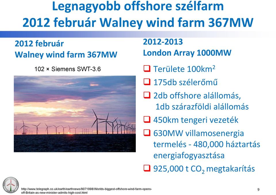 tengeri vezeték 630MW villamosenergia termelés - 480,000 háztartás energiafogyasztása 925,000 t CO 2 megtakarítás
