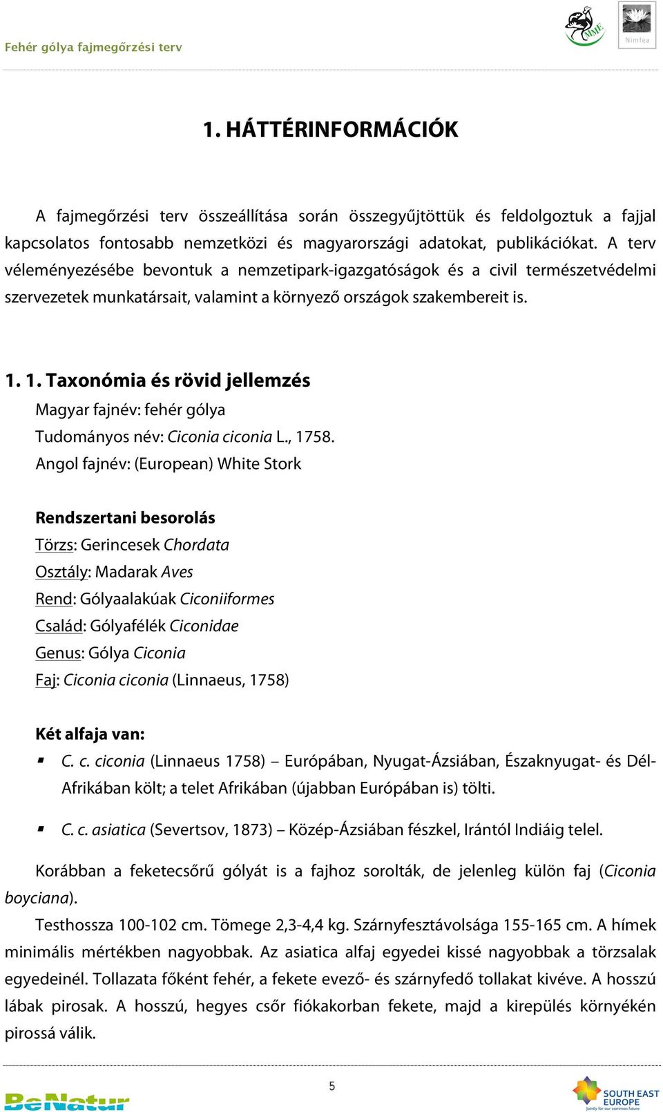 1. Taxonómia és rövid jellemzés Magyar fajnév: fehér gólya Tudományos név: Ciconia ciconia L., 1758.