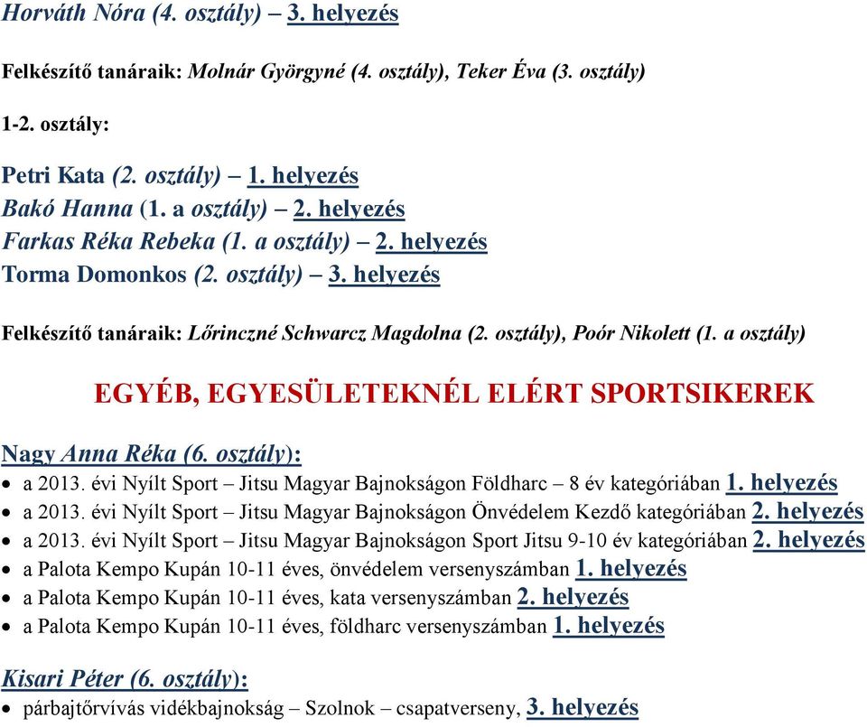 a osztály) EGYÉB, EGYESÜLETEKNÉL ELÉRT SPORTSIKEREK Nagy Anna Réka (6. osztály): a 2013. évi Nyílt Sport Jitsu Magyar Bajnokságon Földharc 8 év kategóriában 1. helyezés a 2013.