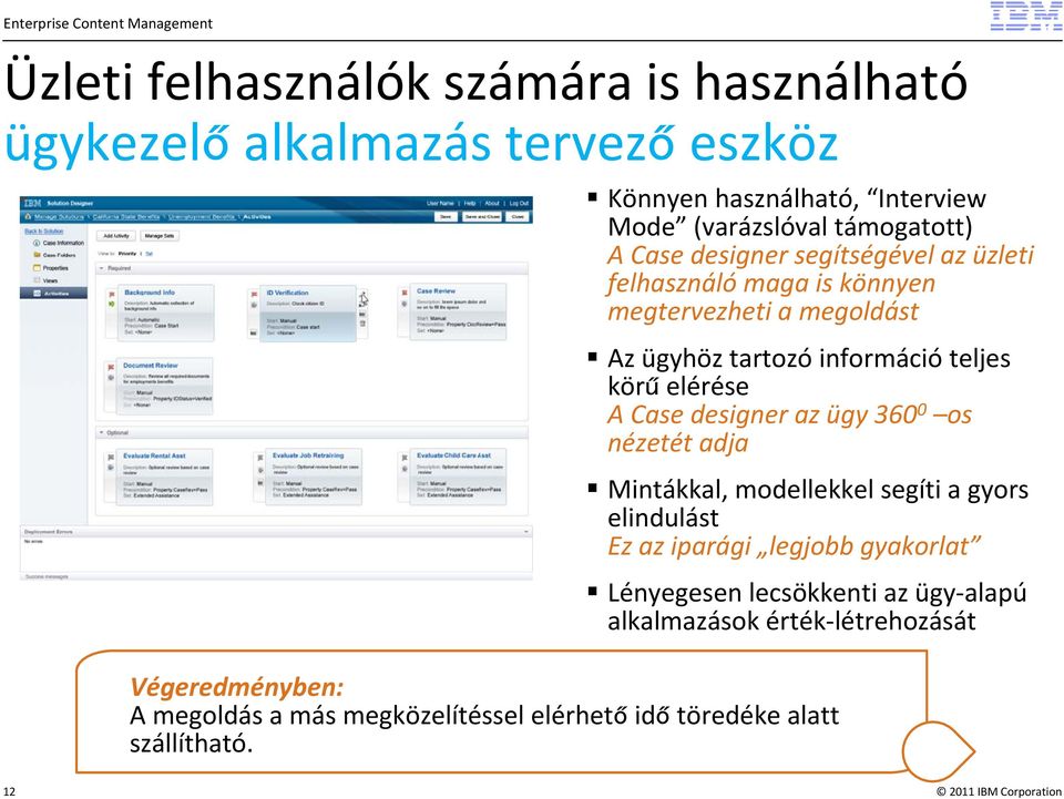 Case designer az ügy 360 0 os nézetét adja Mintákkal, modellekkel segíti a gyors elindulást Ez az iparági legjobb gyakorlat Lényegesen