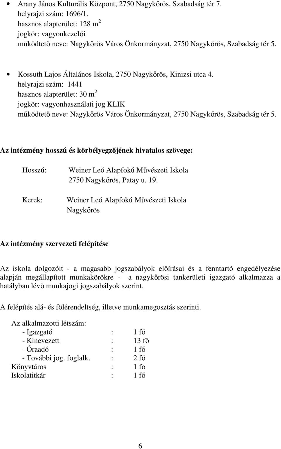 helyrajzi szám: 1441 hasznos alapterület: 30 m 2 jogkör: vagyonhasználati jog KLIK működtető neve: Nagykőrös Város Önkormányzat, 2750 Nagykőrös, Szabadság tér 5.