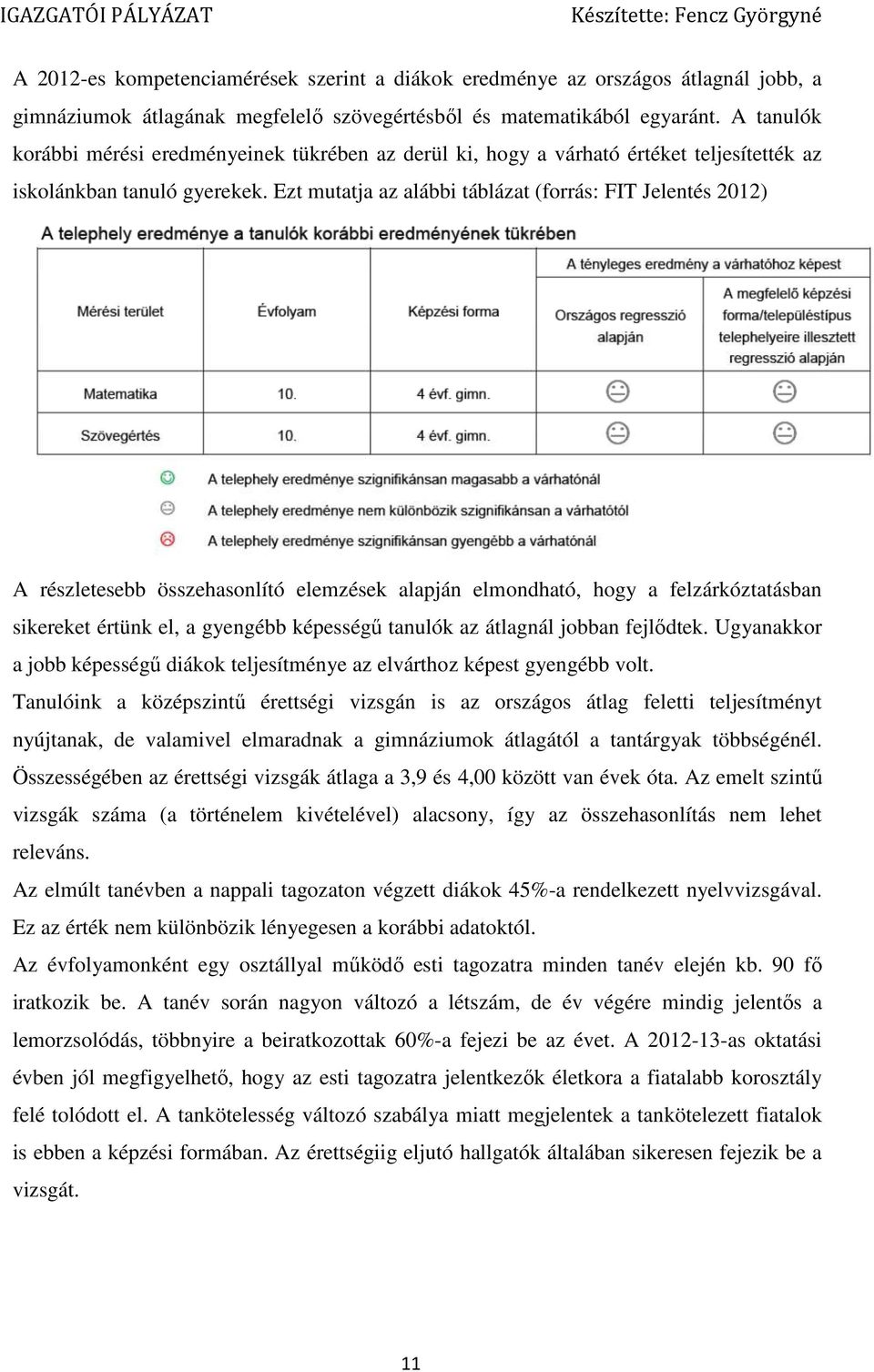 Ezt mutatja az alábbi táblázat (forrás: FIT Jelentés 2012) A részletesebb összehasonlító elemzések alapján elmondható, hogy a felzárkóztatásban sikereket értünk el, a gyengébb képességű tanulók az