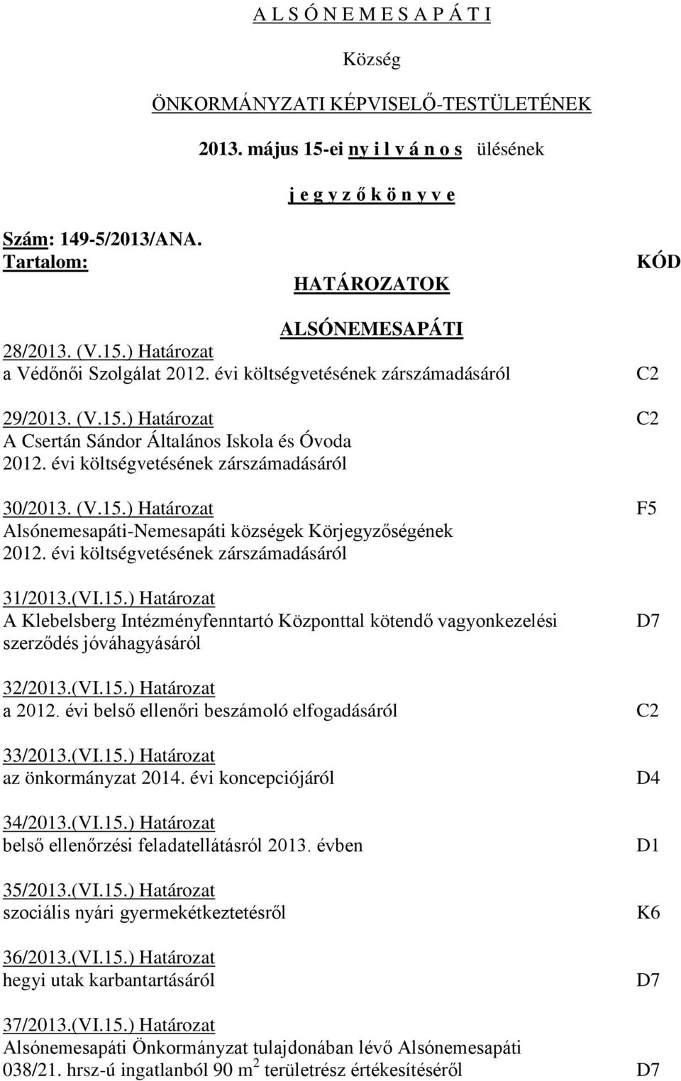 évi költségvetésének zárszámadásáról 30/2013. (V.15.) Határozat F5 Alsónemesapáti-Nemesapáti községek Körjegyzőségének 2012. évi költségvetésének zárszámadásáról 31/2013.(VI.15.) Határozat A Klebelsberg Intézményfenntartó Központtal kötendő vagyonkezelési szerződés jóváhagyásáról 32/2013.