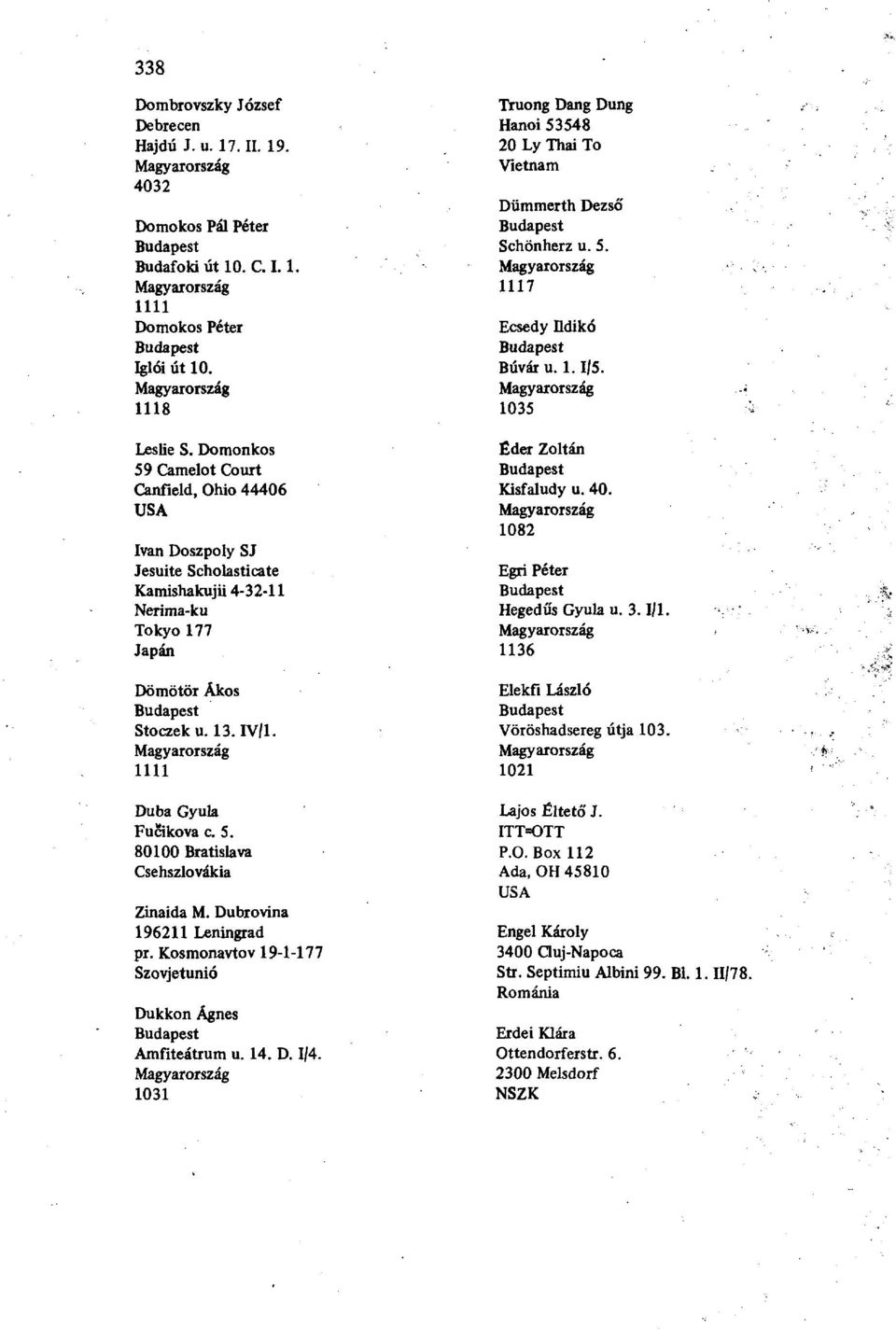 Dubrovina 196211 Leningrad pr. Kosmonavtov 19-1-177 Dukkon Ágnes Amfiteátrum u. 14. D. 1/4. 1031 Truong Dang Dung Hanoi 53548 20 Ly Thai To Vietnam Dümmerth Dezső Schönherz u. 5. 1117 Ecsedy Ildikó Búvár u.
