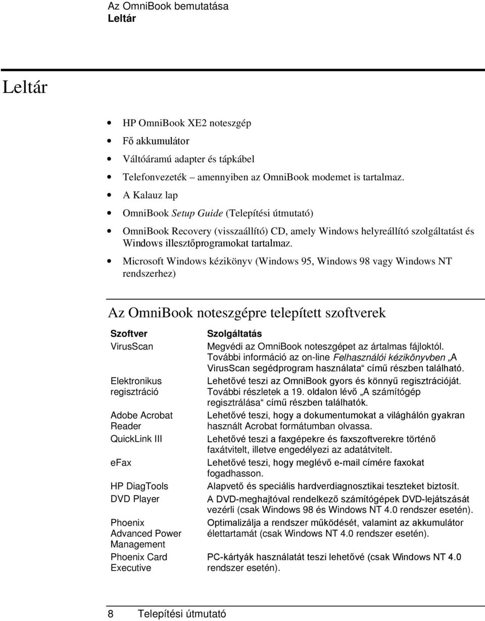 Microsoft Windows kézikönyv (Windows 95, Windows 98 vagy Windows NT rendszerhez) Az OmniBook noteszgépre telepített szoftverek Szoftver VirusScan Elektronikus regisztráció Adobe Acrobat Reader