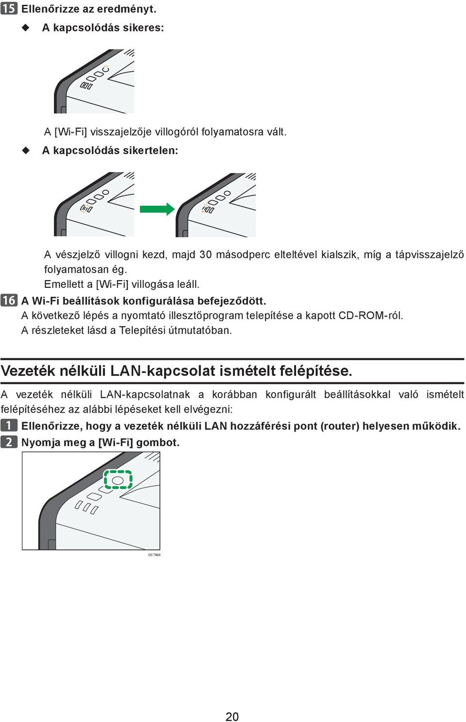 A Wi-Fi beállítások konfigurálása befejeződött. A következő lépés a nyomtató illesztőprogram telepítése a kapott CD-ROM-ról. A részleteket lásd a Telepítési útmutatóban.