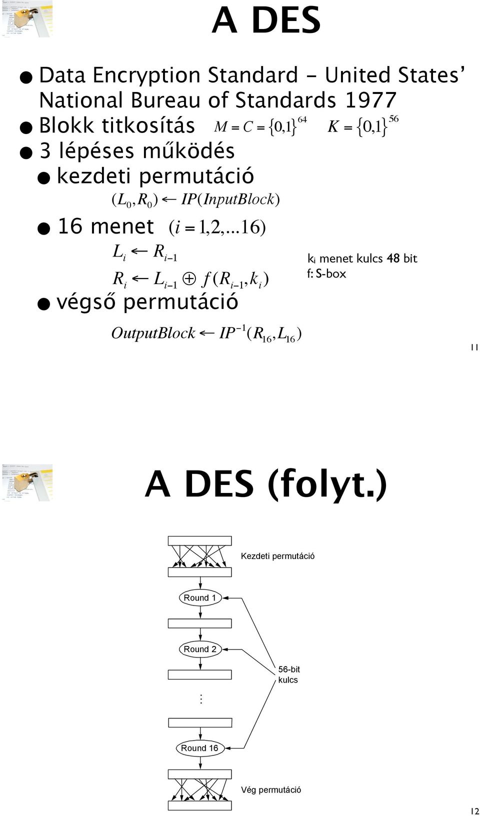 ..16) 16 menet L "R 56 64 0 i 0 ki menet kulcs 48 bit f: S-box i#1 Ri " Li#1 $ f (Ri#1,k i ) végs