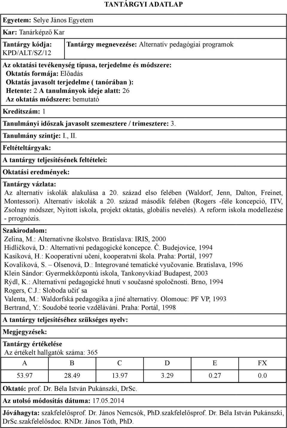 század második felében (Rogers -féle koncepció, ITV, Zsolnay módszer, Nyitott iskola, projekt oktatás, globális nevelés). A reform iskola modellezése - prrognózis. Zelina, M.: Alternatívne školstvo.