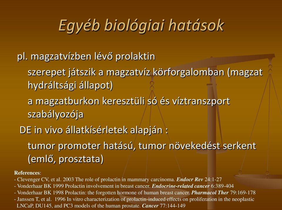 : tumor promoter hatású, tumor növekedést serkent (emlő, prosztata) References: - Clevenger CV, et al. 2003 The role of prolactin in mammary carcinoma.