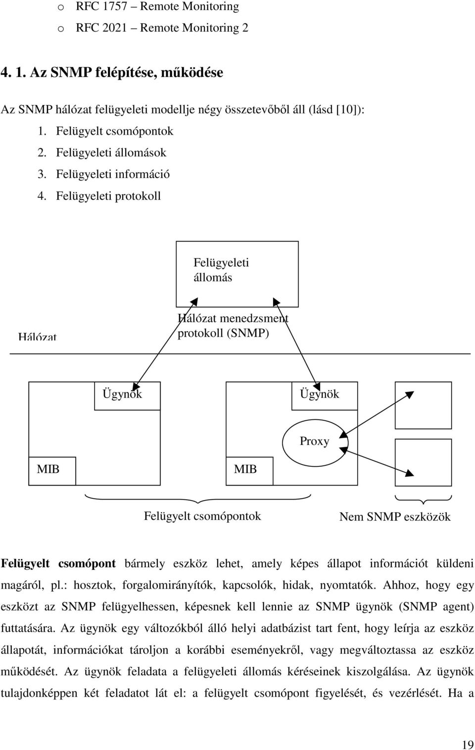 Felügyeleti protokoll Felügyeleti állomás Hálózat Hálózat menedzsment protokoll (SNMP) Ügynök Ügynök Proxy MIB MIB Felügyelt csomópontok Nem SNMP eszközök Felügyelt csomópont bármely eszköz lehet,