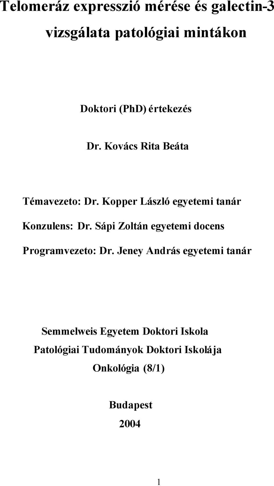 Kopper László egyetemi tanár Konzulens: Dr. Sápi Zoltán egyetemi docens Programvezeto: Dr.