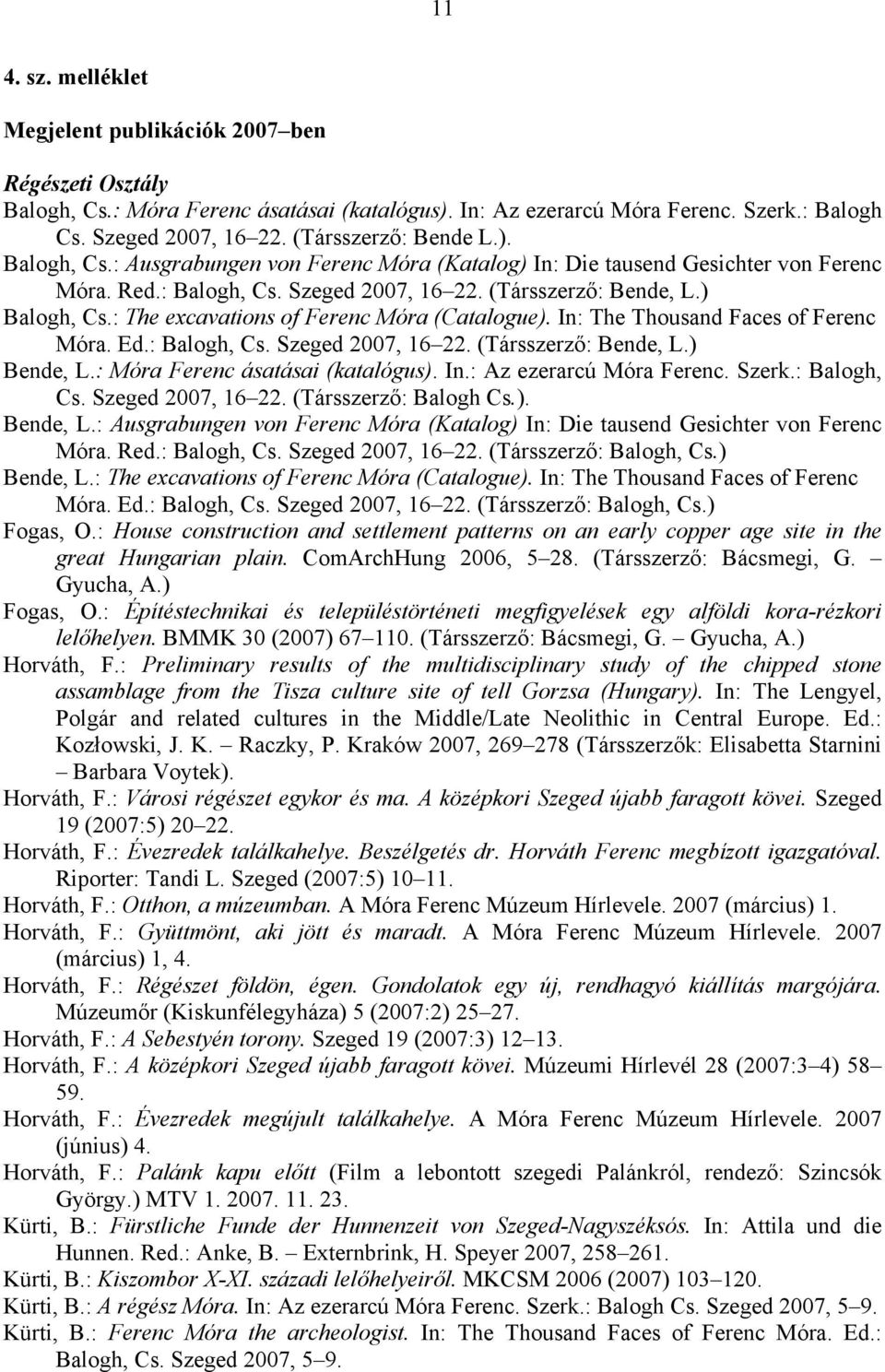 : The excavations of Ferenc Móra (Catalogue). In: The Thousand Faces of Ferenc Móra. Ed.: Balogh, Cs. Szeged 2007, 16 22. (Társszerző: Bende, L.) Bende, L.: Móra Ferenc ásatásai (katalógus). In.: Az ezerarcú Móra Ferenc.