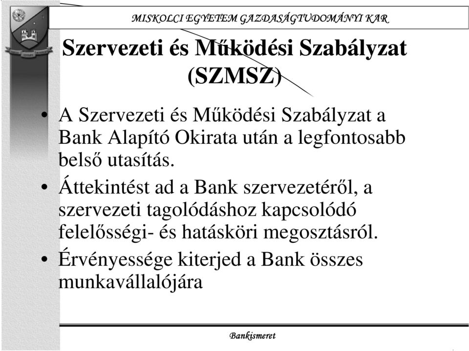 Áttekintést ad a Bank szervezetéről, a szervezeti tagolódáshoz kapcsolódó