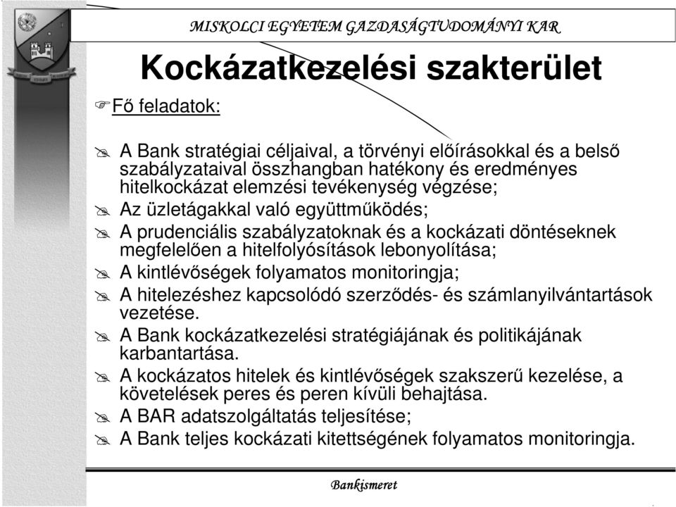 folyamatos monitoringja; A hitelezéshez kapcsolódó szerződés- és számlanyilvántartások vezetése. A Bank kockázatkezelési stratégiájának és politikájának karbantartása.