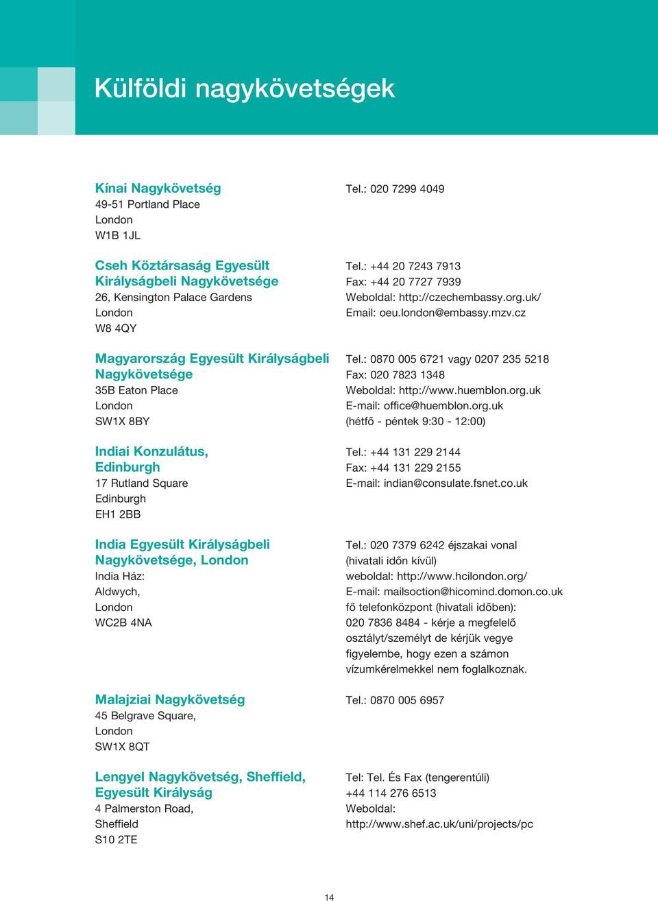 cz W8 4QY Magyarország Egyesült Királyságbeli Tel.: 0870 005 6721 vagy 0207 235 5218 Nagykövetsége Fax: 020 7823 1348 35B Eaton Place Weboldal: http://www.huemblon.org.