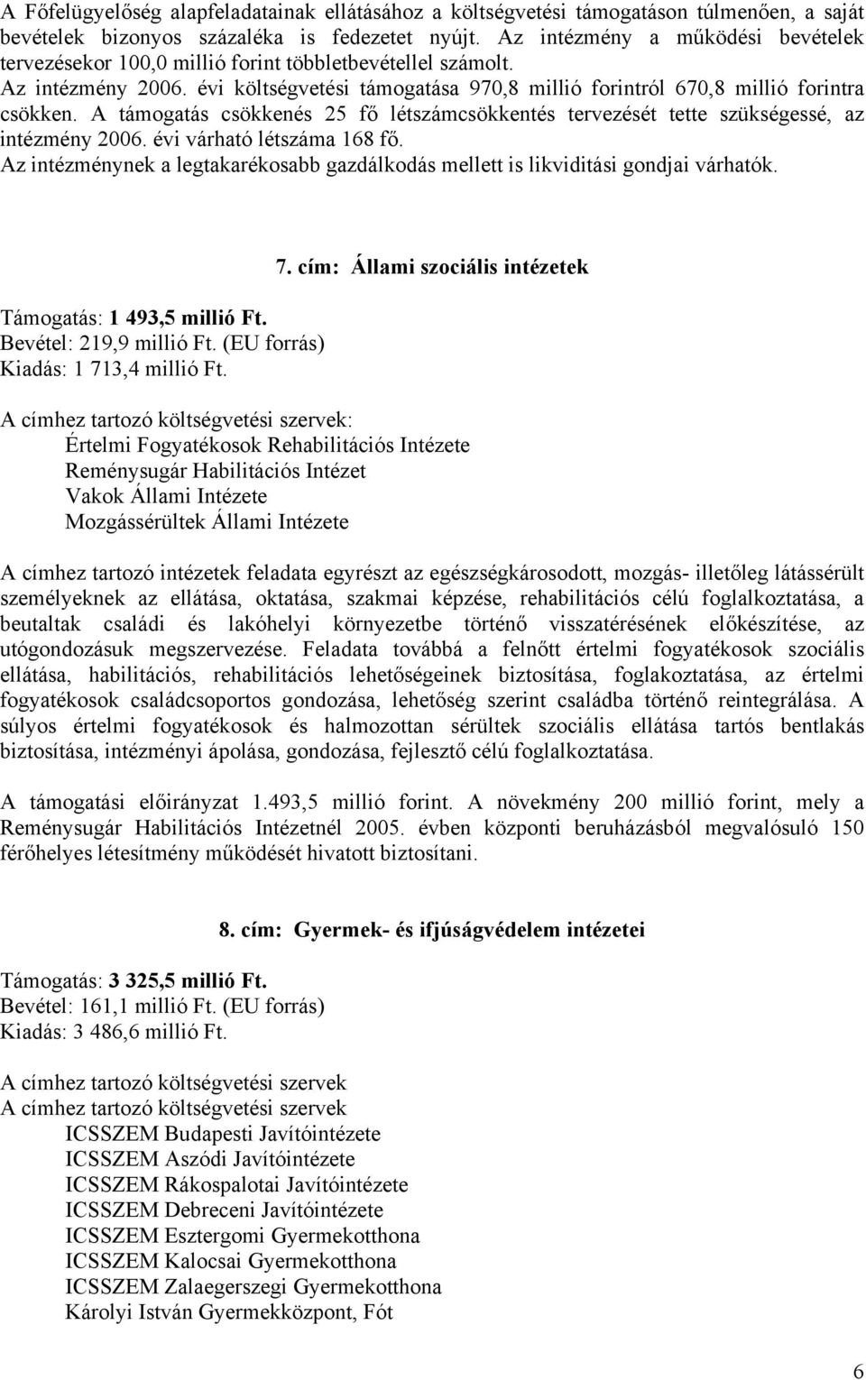 A támogatás csökkenés 25 fő létszámcsökkentés tervezését tette szükségessé, az intézmény 2006. évi várható létszáma 168 fő.