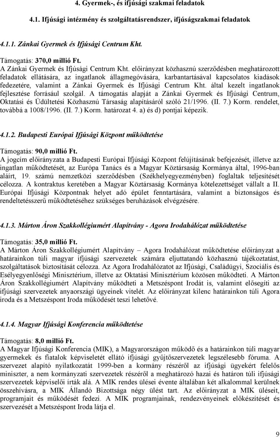 előirányzat közhasznú szerződésben meghatározott feladatok ellátására, az ingatlanok állagmegóvására, karbantartásával kapcsolatos kiadások fedezetére, valamint a Zánkai Gyermek és Ifjúsági Centrum