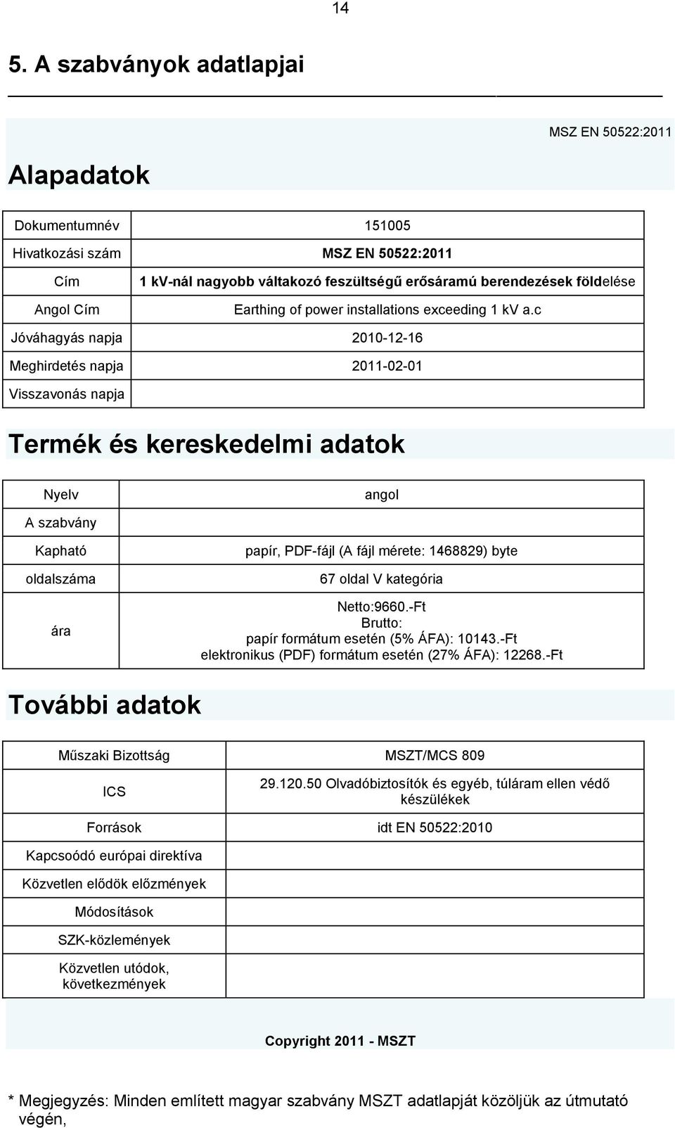 c Jóváhagyás 2010-12-16 Meghirdetés 2011-02-01 Visszavonás Termék és kereskedelmi adatok Nyelv angol A szabvány Kapható oldalszáma ára papír, PDF-fájl (A fájl mérete: 1468829) byte 67 oldal V