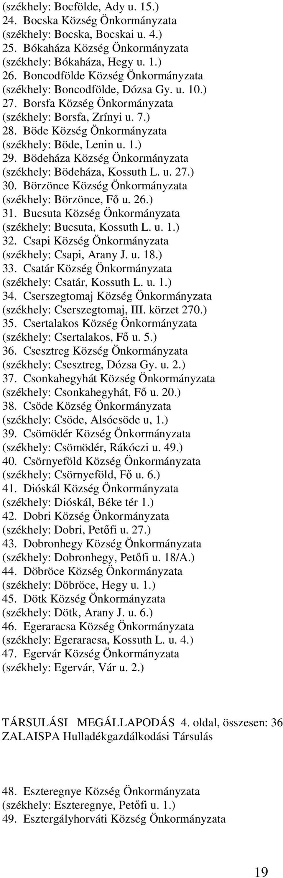 Bödeháza Község Önkormányzata (székhely: Bödeháza, Kossuth L. u. 27.) 30. Börzönce Község Önkormányzata (székhely: Börzönce, Fő u. 26.) 31. Bucsuta Község Önkormányzata (székhely: Bucsuta, Kossuth L.