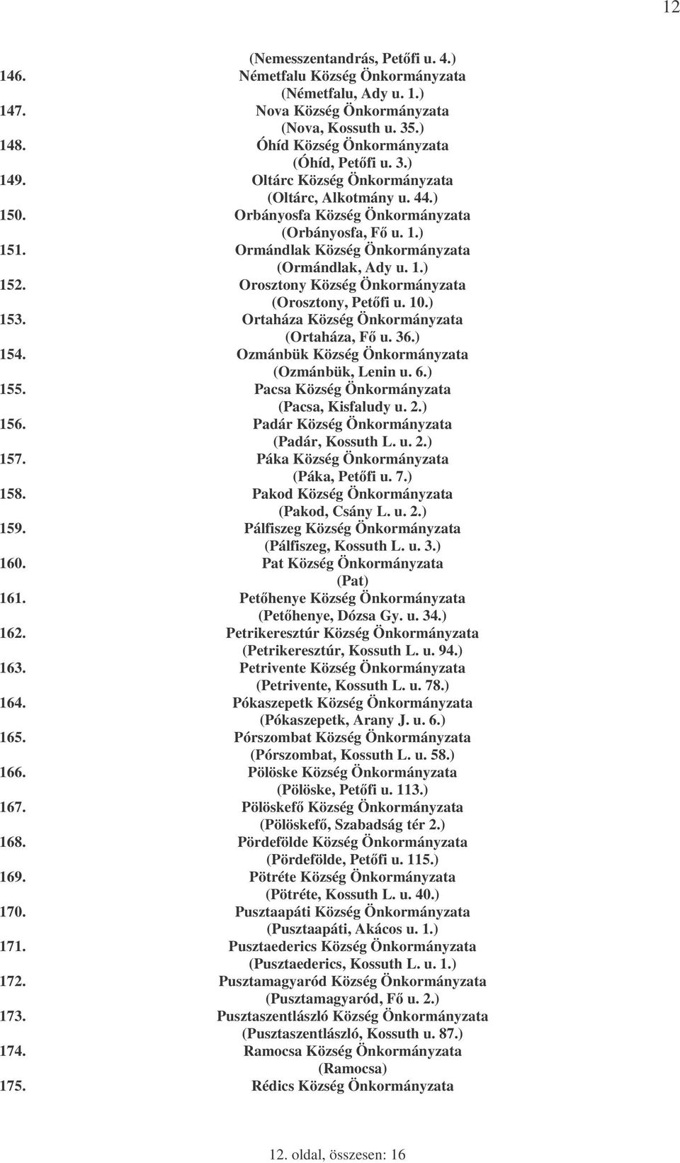 Orosztony Község Önkormányzata (Orosztony, Petfi u. 10.) 153. Ortaháza Község Önkormányzata (Ortaháza, F u. 36.) 154. Ozmánbük Község Önkormányzata (Ozmánbük, Lenin u. 6.) 155.