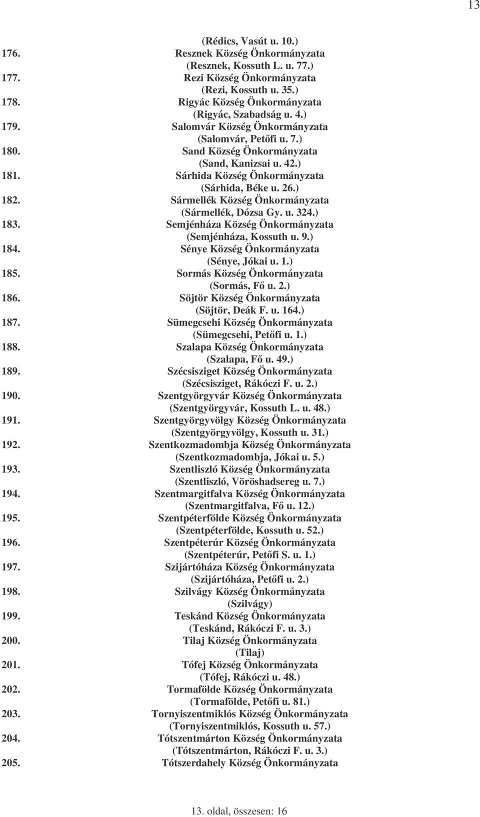 Sármellék Község Önkormányzata (Sármellék, Dózsa Gy. u. 324.) 183. Semjénháza Község Önkormányzata (Semjénháza, Kossuth u. 9.) 184. Sénye Község Önkormányzata (Sénye, Jókai u. 1.) 185.