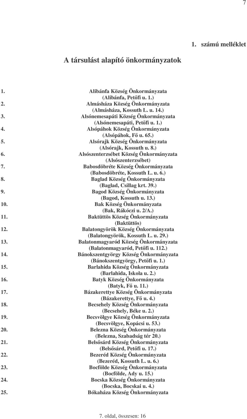 Alsószenterzsébet Község Önkormányzata (Alsószenterzsébet) 7. Babosdöbréte Község Önkormányzata (Babosdöbréte, Kossuth L. u. 6.) 8. Baglad Község Önkormányzata (Baglad, Csillag krt. 39.) 9.