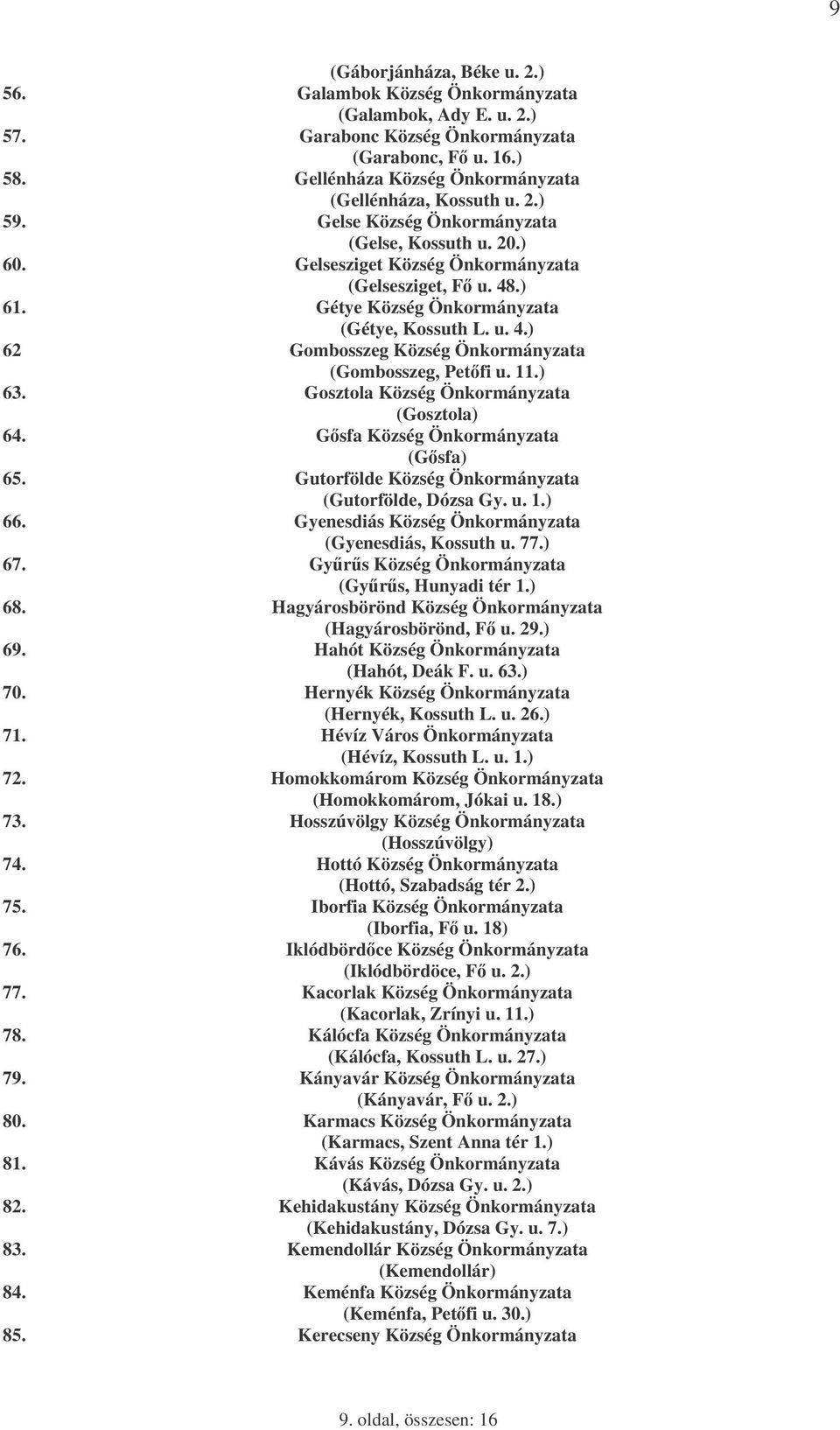 Gétye Község Önkormányzata (Gétye, Kossuth L. u. 4.) 62 Gombosszeg Község Önkormányzata (Gombosszeg, Petfi u. 11.) 63. Gosztola Község Önkormányzata (Gosztola) 64. Gsfa Község Önkormányzata (Gsfa) 65.