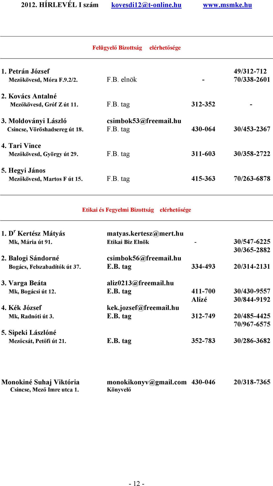 Hegyi János Mezőkövesd, Martos F út 15. F.B. tag 415-363 70/263-6878 Etikai és Fegyelmi Bizottság elérhetősége 1. D r Kertész Mátyás matyas.kertesz@mert.hu Mk, Mária út 91.