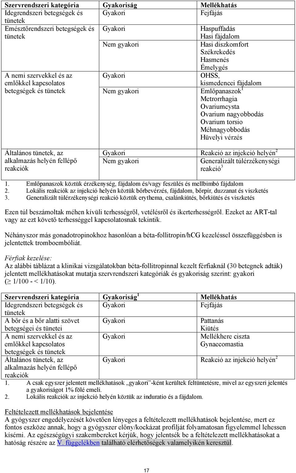 Ovarium nagyobbodás Ovarium torsio Méhnagyobbodás Hüvelyi vérzés Általános tünetek, az alkalmazás helyén fellépő reakciók Gyakori Reakció az injekció helyén 2 Nem gyakori Generalizált túlérzékenységi