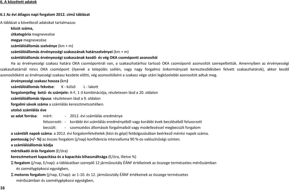 határszelvényei (km + m) számlálóállomás érvényességi szakaszának kezdő- és vég OKA csomóponti azonosítói Ha az érvényességi szakasz határa OKA csomópontnál van, a szakaszhatárhoz tartozó OKA