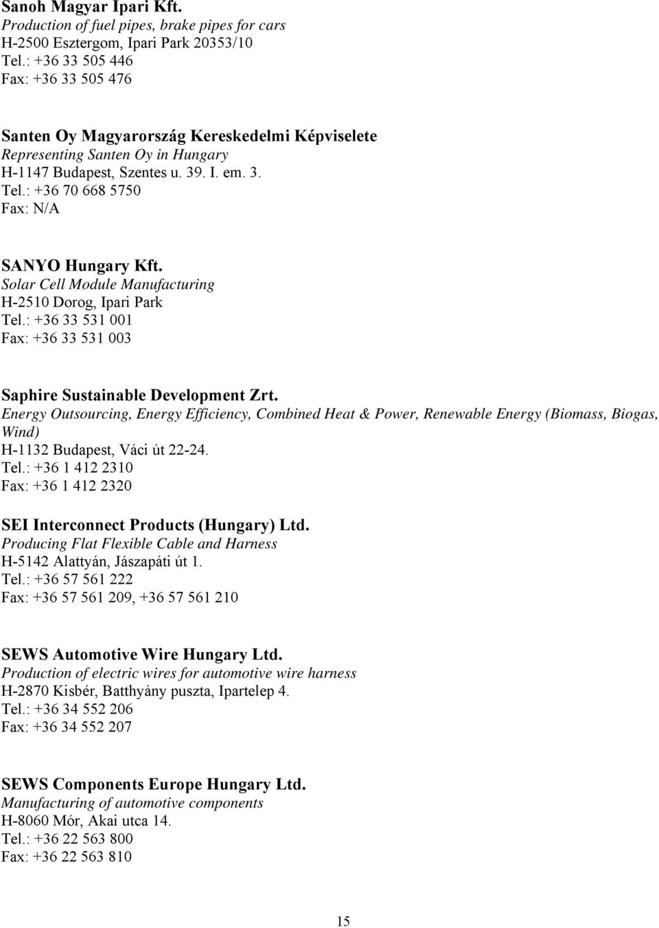 : +36 70 668 5750 Fax: N/A SANYO Hungary Kft. Solar Cell Module Manufacturing H-2510 Dorog, Ipari Park Tel.: +36 33 531 001 Fax: +36 33 531 003 Saphire Sustainable Development Zrt.