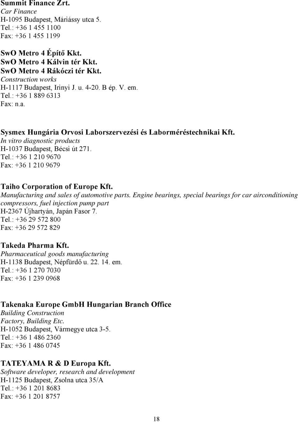 In vitro diagnostic products H-1037 Budapest, Bécsi út 271. Tel.: +36 1 210 9670 Fax: +36 1 210 9679 Taiho Corporation of Europe Kft. Manufacturing and sales of automotive parts.