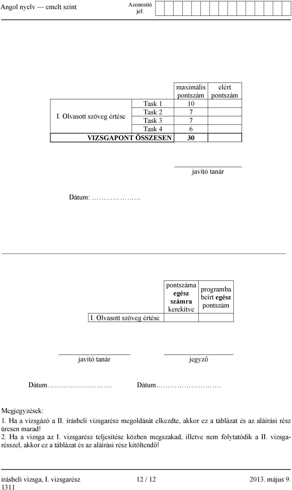 Ha a vizsgázó a II. írásbeli vizsgarész megoldását elkezdte, akkor ez a táblázat és az aláírási rész üresen marad! 2. Ha a vizsga az I.